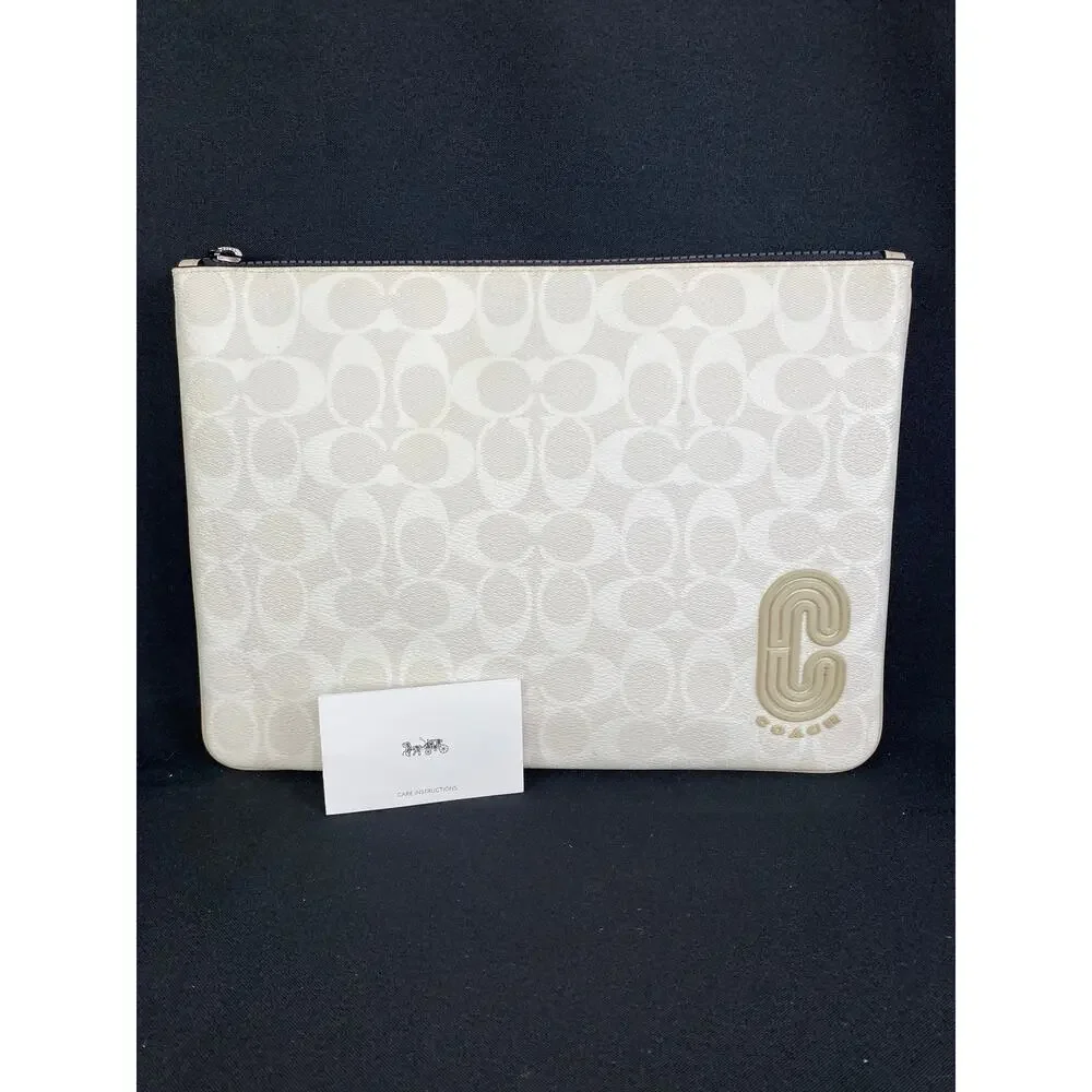 COACH Signature Canvas Large Pouch Chalk Steam Patch Clutch Bag 1314